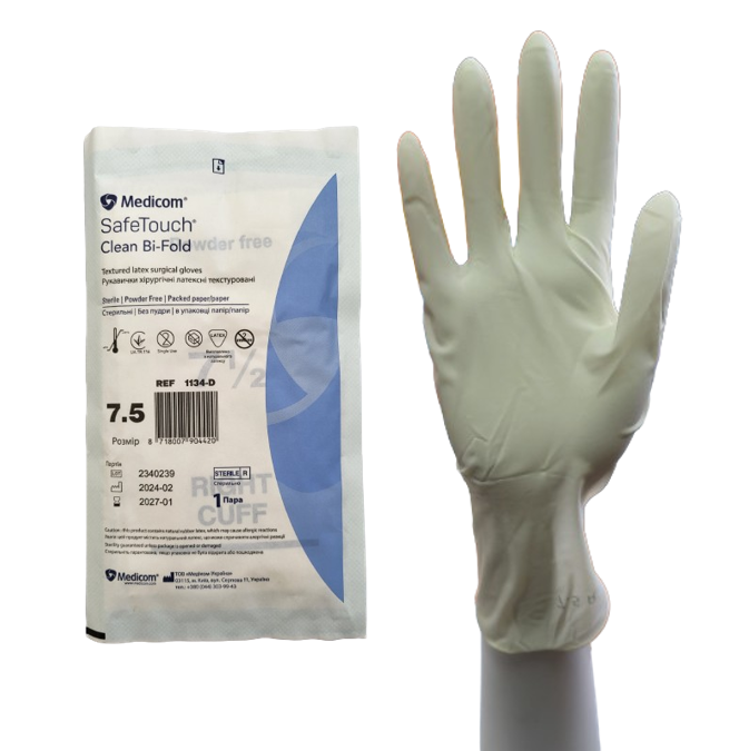 Рукавички хірургічні латексні текстуровані SafeTouch® Clean Bi-Fold, стерильні, без пудри, розмір XL (8.0)